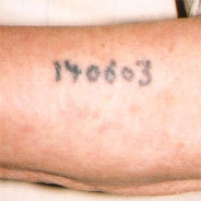 Der Auschwitz-Überlebende Sam Rosenzweig zeigt auf diesem Foto seine Tätowierung