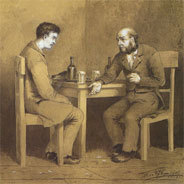 Raskolnikov mit Marmeladov in einer Illustration von Michail Petrowitsch Klodt